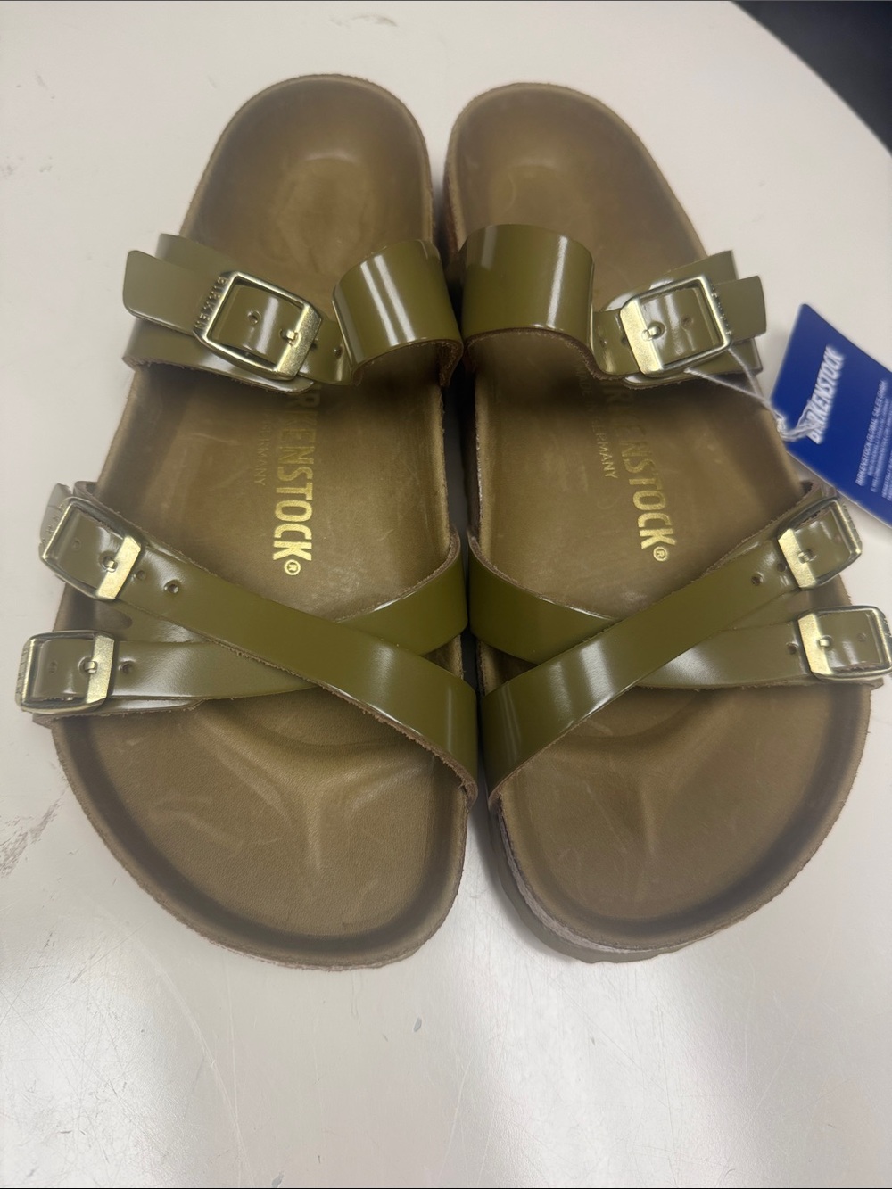 Birkenstock Olive Patent Two-Strap Buckle Sandals 🤍